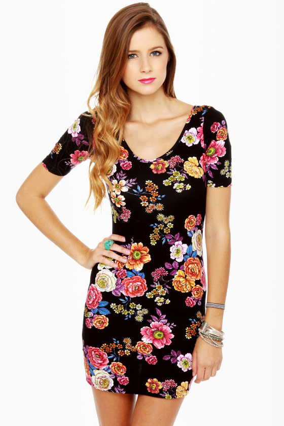 black dress with bright flowers