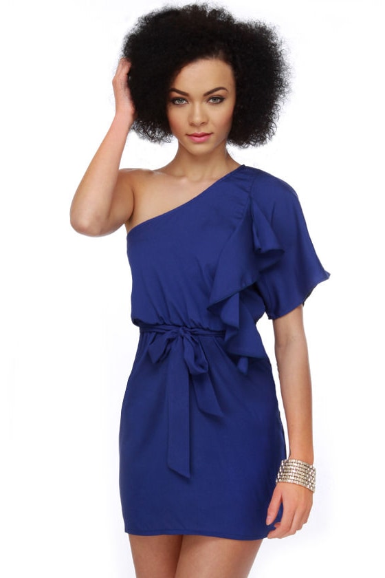 blue one shoulder ruffle dress