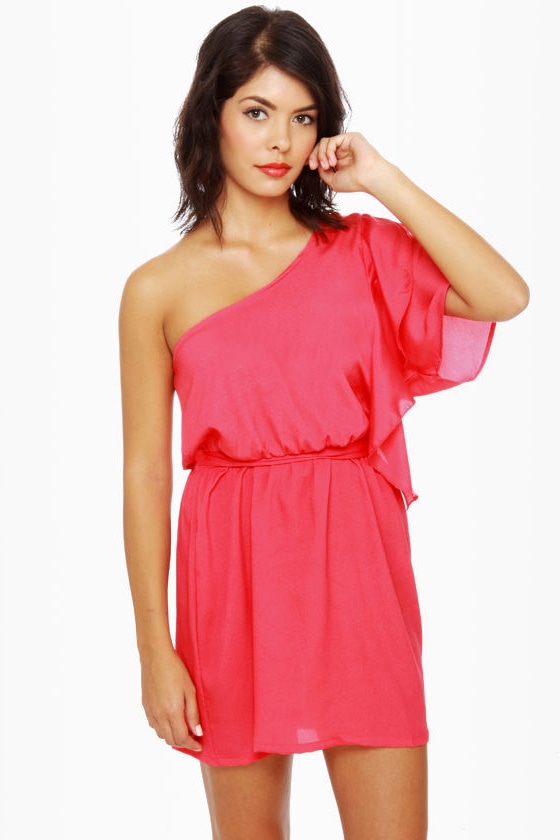 Cute Coral Red Dress - One Shoulder Dress - Ruffle Dress - $32.00 - Lulus