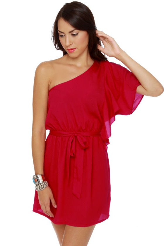 Cute Red Dress - One Shoulder Dress - Ruffle Dress - $32.00 - Lulus