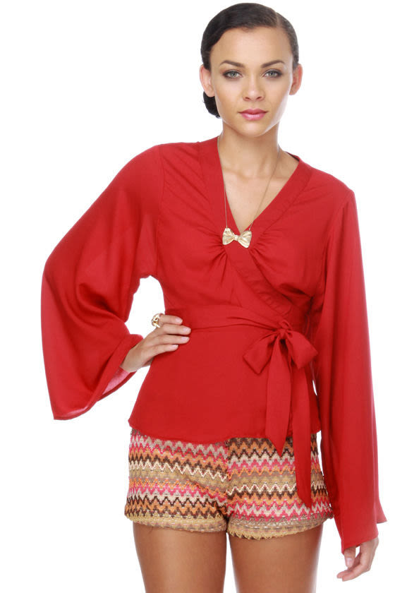 Dressy Wrap Top - Red Top - Long Sleeve Top - $37.00
