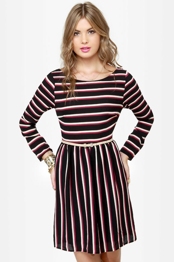 First In Line Black Striped Dress