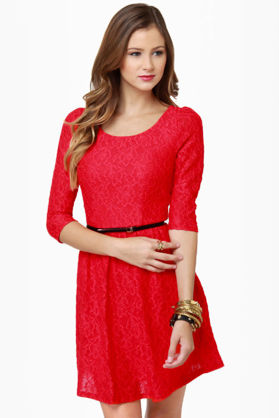 Pretty Lace Dress - Red Dress - Fit and Flare Dress - $48.00 - Lulus