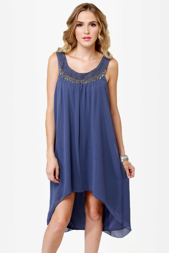 Bead You Now Beaded Slate Blue Dress