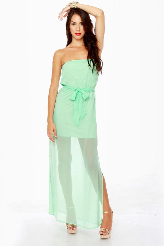 Girls Just Wanna Have Chiffon Strapless Mint Maxi Dress