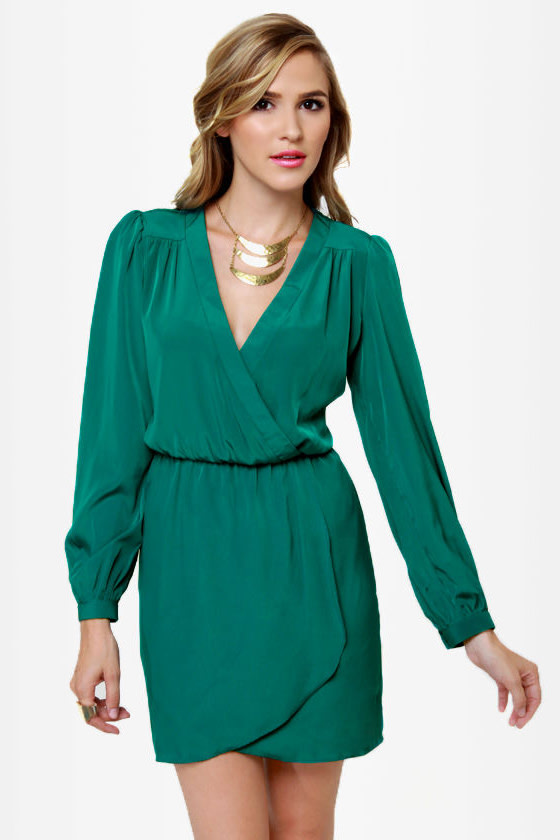 Cute Green Dress - Wrap Dress - Long Sleeve Dress - $49.00 - Lulus