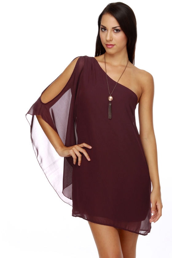 Elegant Burgundy Dress - One Shoulder Dress - $41.00