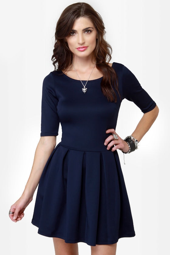 Adorable Navy Blue Dress - Skater Dress - Short Sleeve Dress - Backless ...