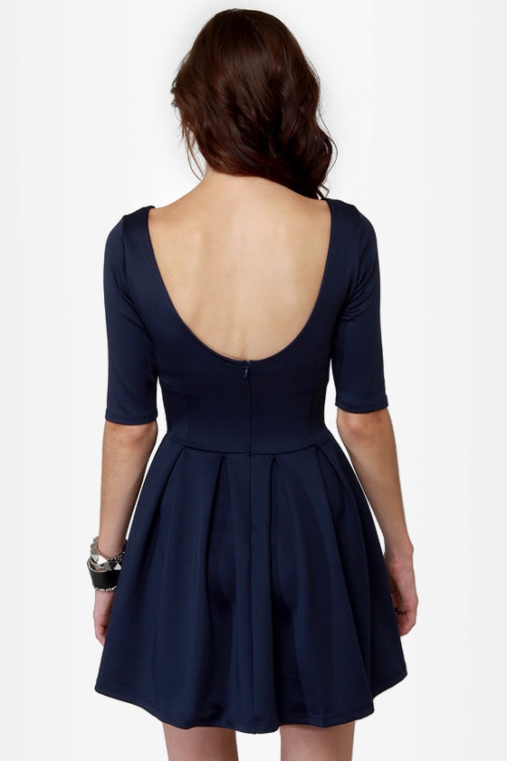 Adorable Navy Blue Dress - Skater Dress - Short Sleeve Dress - Backless ...