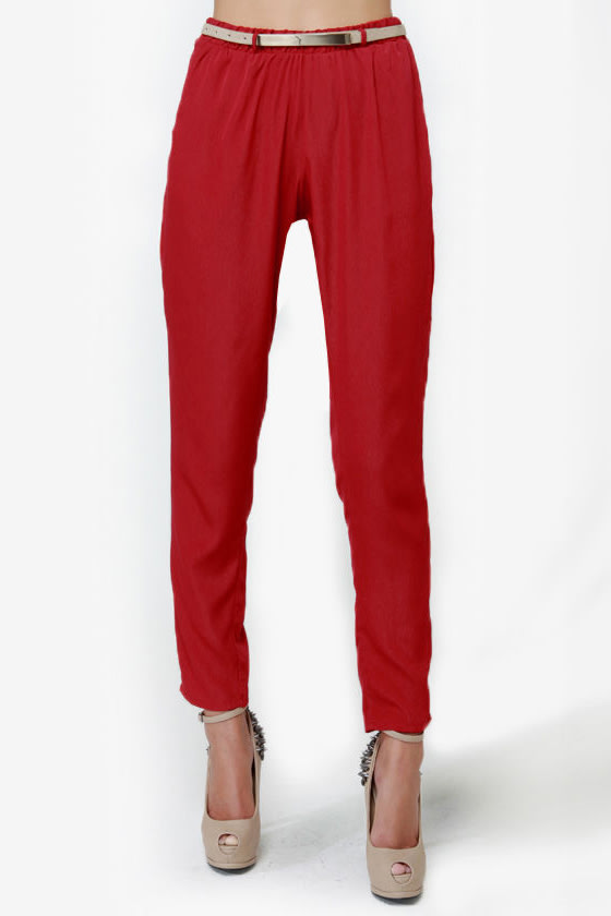 Cute High-Waisted Pants - Red Pants - Woven Pants - $42.00
