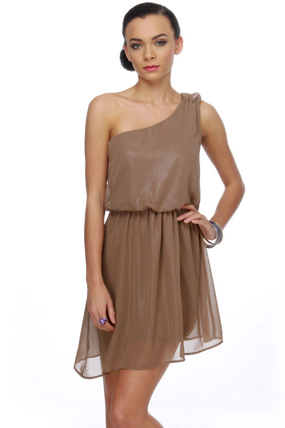 Glittering Brown Dress - One Shoulder Dress - Chiffon Dress - $38.00 - Lulus