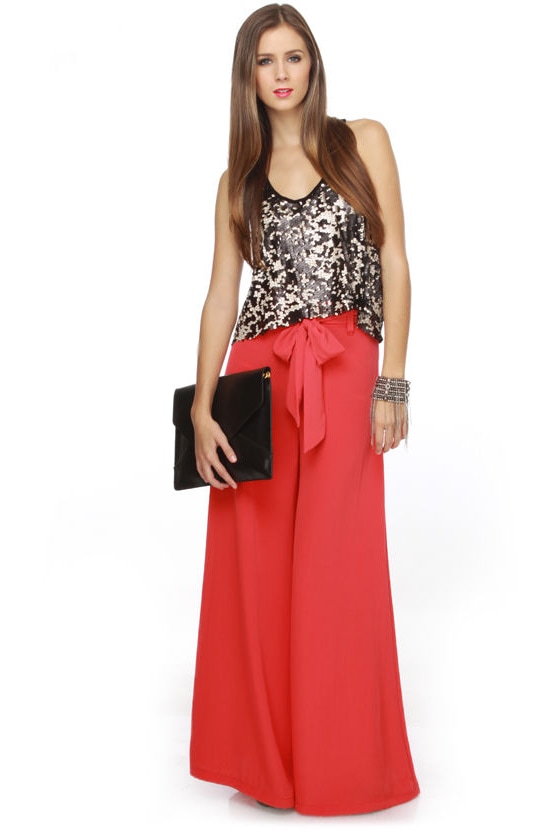high waisted wide leg red pants