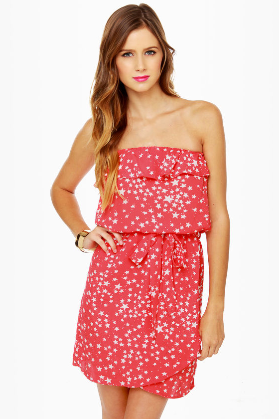 Lucy Love Jerry Hall Strapless Red Star Print Dress