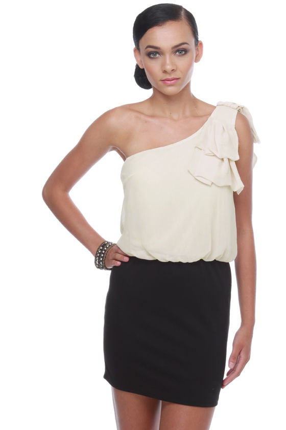 On a Roll One Shoulder Black and Cream Dress