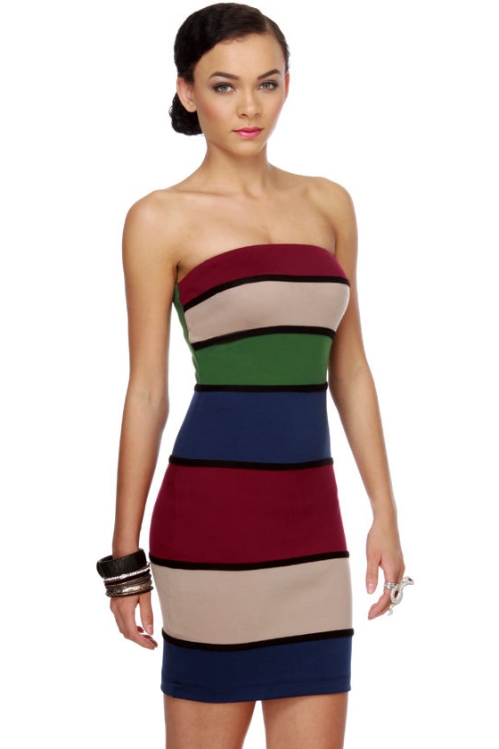 Sexy Striped Dress - Strapless Dress - Color Block Dress - $38.00
