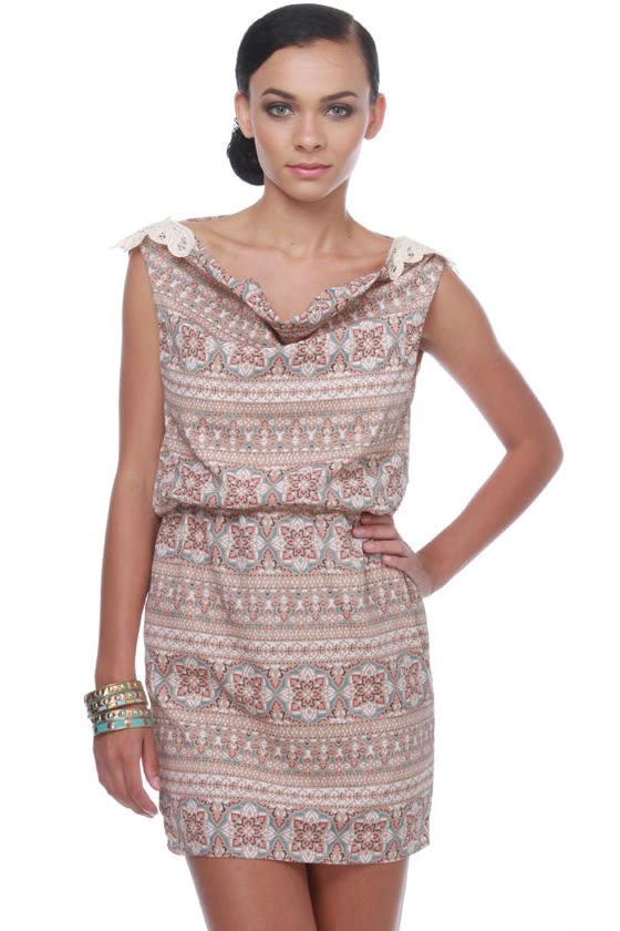 Charming Print Dress - Taupe Dress - $41.00