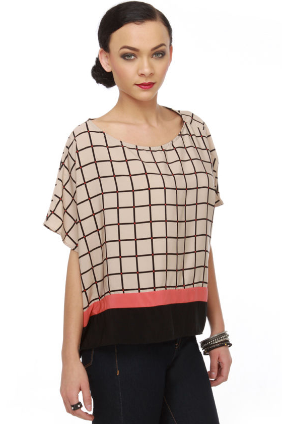 Square Deal Taupe Print Top