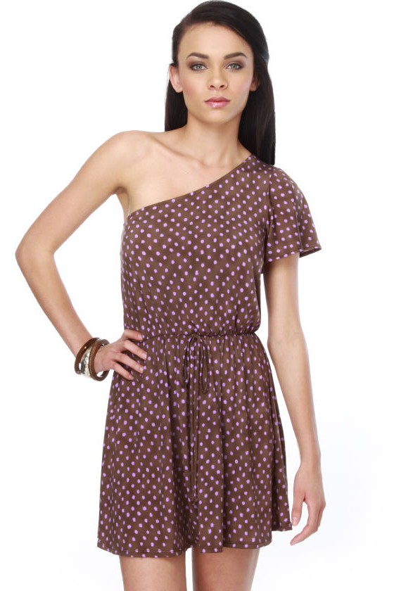 Adorable Polka Dot Dress - One Shoulder Dress - Brown Dress - $32.00 ...