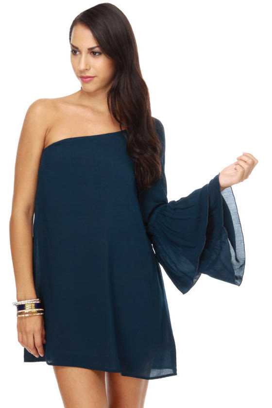 Kiss and Tell One Shoulder Navy Blue Dress