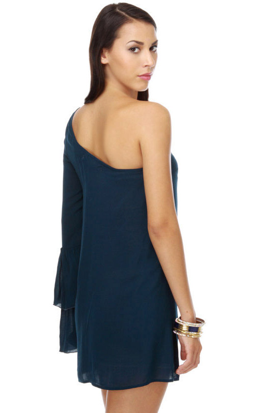 Kiss and Tell One Shoulder Navy Blue Dress