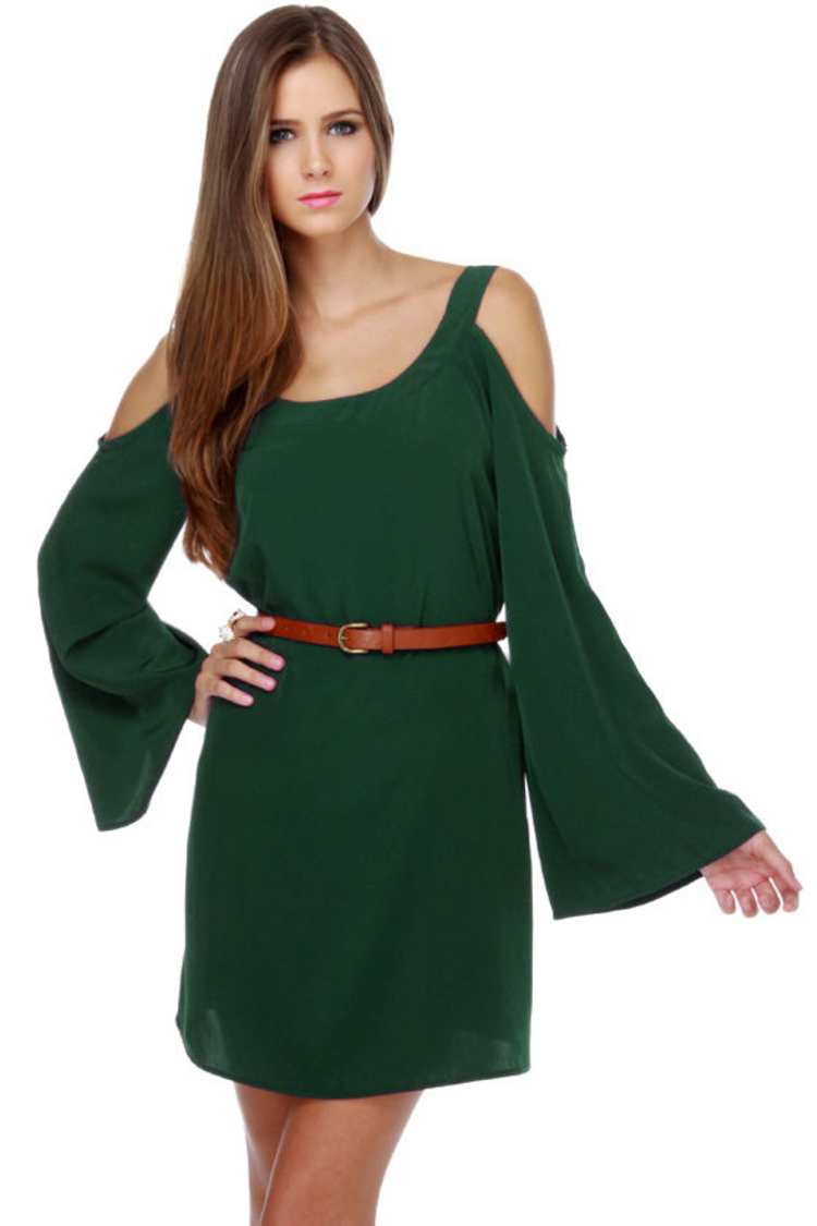 dark green cold shoulder dress Asymmetrical Flare Sleeves Sheath Dress main image 1