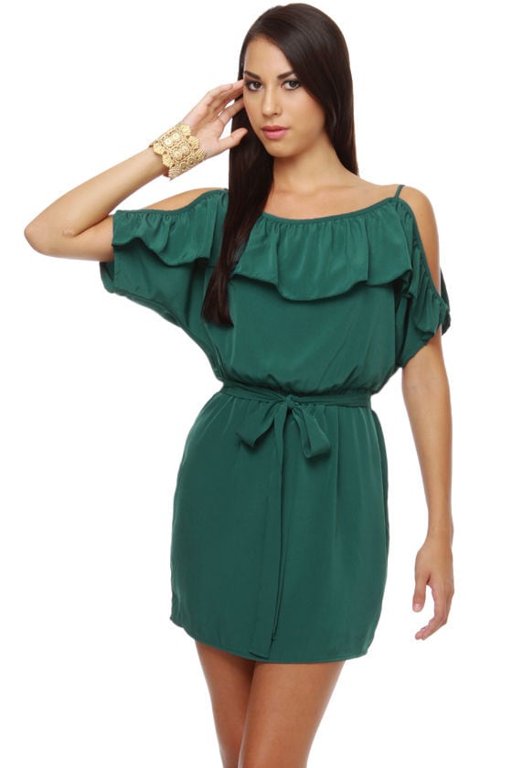 Cute Ruffle Dress - Open Shoulder Dress - Teal Dress - $41.00 - Lulus