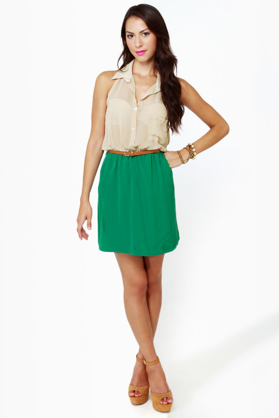 Game of Croquet Beige and Sea Green Halter Dress