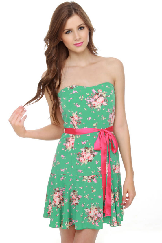 Adorable Floral Print Dress - Sea Green Dress - Strapless Dress - $42. ...