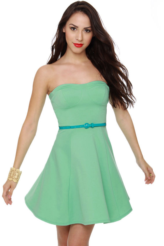 A Flare to Remember Strapless Mint Dress