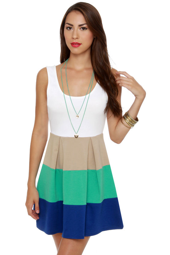 Color Bar Quartet Taupe and Teal Color Block Dress