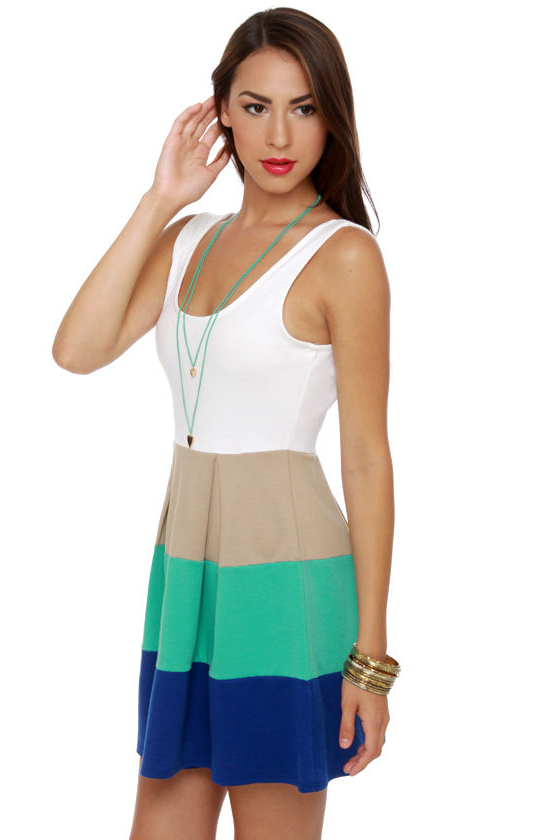 Color Bar Quartet Taupe and Teal Color Block Dress