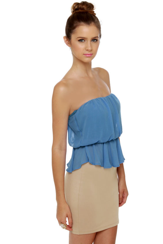 Time Flies Strapless Taupe and Blue Dress