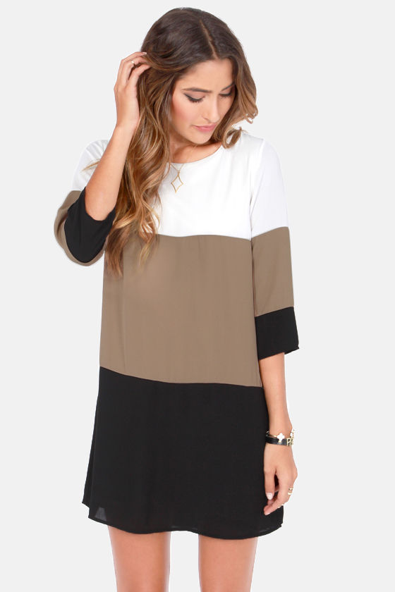 LULUS Exclusive Citrus Grove Taupe Color Block Shift Dress 2