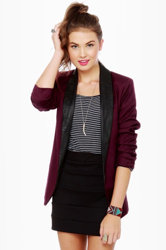 burgundy blazer with black lapel
