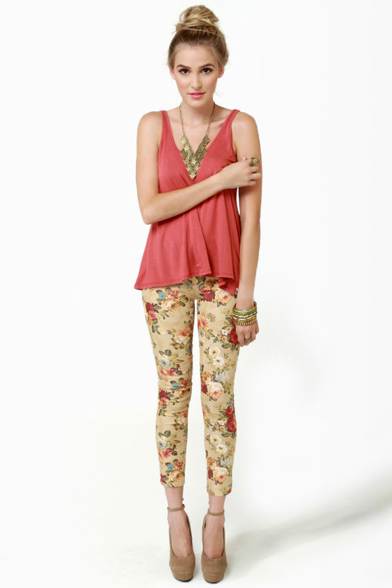 Blossom and Jetsam Beige Floral Print Ankle Jeans