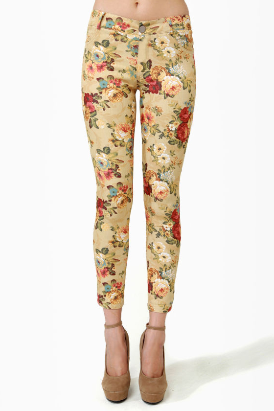 Blossom and Jetsam Beige Floral Print Ankle Jeans