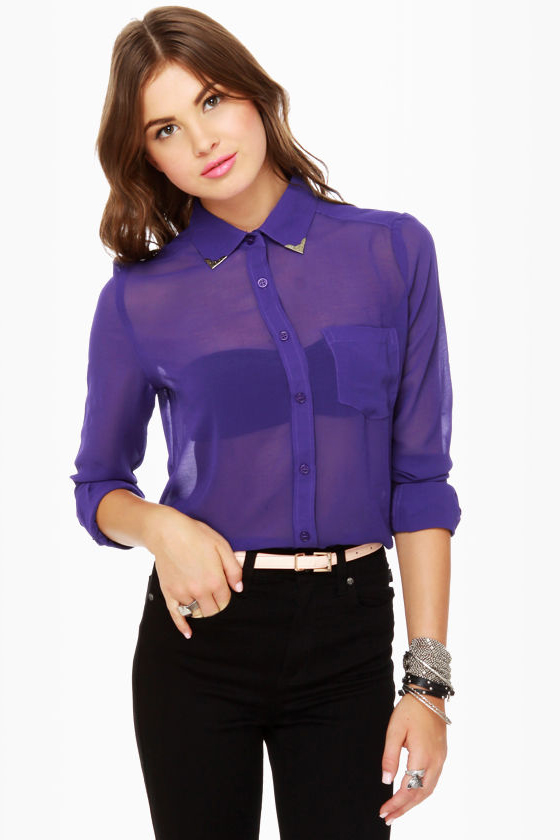Gentleman Collar Sheer Indigo Blue Top