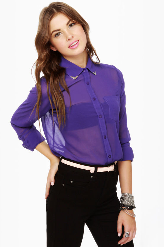 Gentleman Collar Sheer Indigo Blue Top