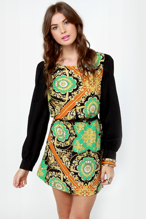 British Invasion Black Scarf Print Shift Dress