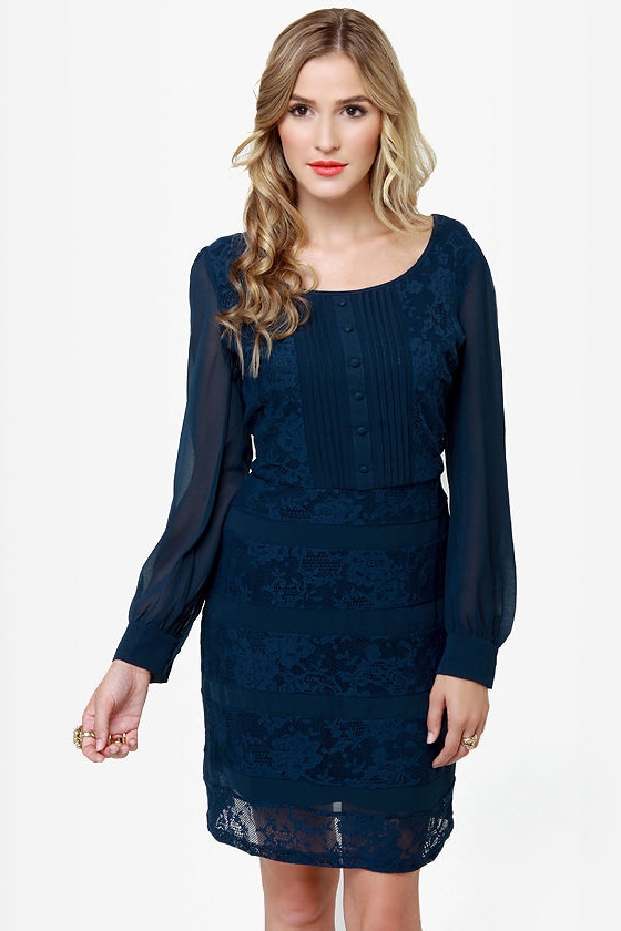 Lovely Navy Blue Dress Lace Dress Long Sleeve Dress 51 00 Lulus