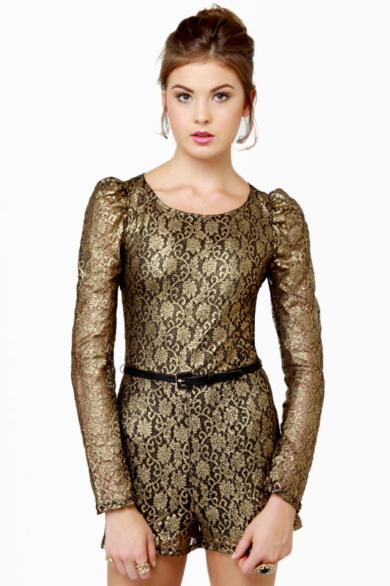 Hooded Gold Romper with Open Side and Strapped Bottom Detail