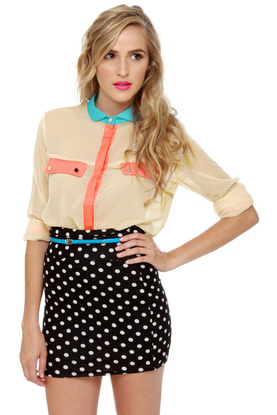 Dotted Bliss Cream Color Block Top