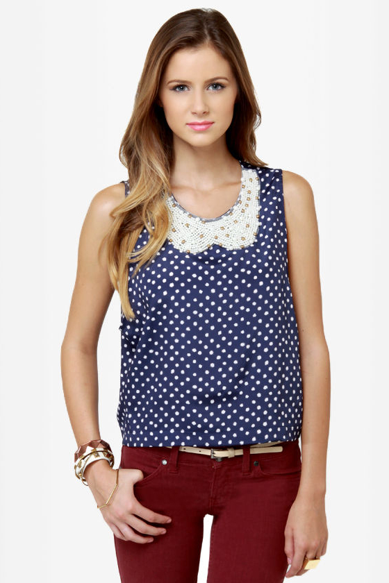 Collar-ship Award Navy Blue Polka Dot Tank Top