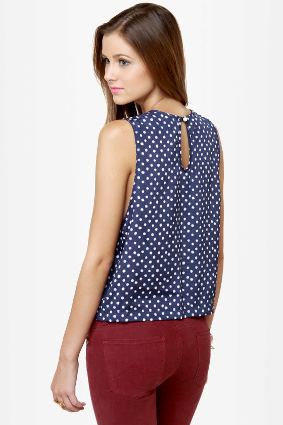Collar-ship Award Navy Blue Polka Dot Tank Top