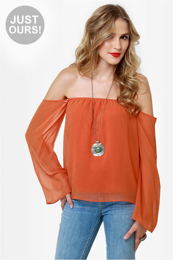 LULUS Exclusive Landslide Off-the-Shoulder Orange Top