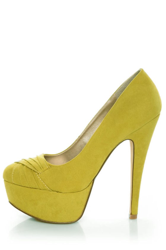 Qupid Penelope 47 Yellow Suede Ruched Platform Pumps - $34.00 - Lulus