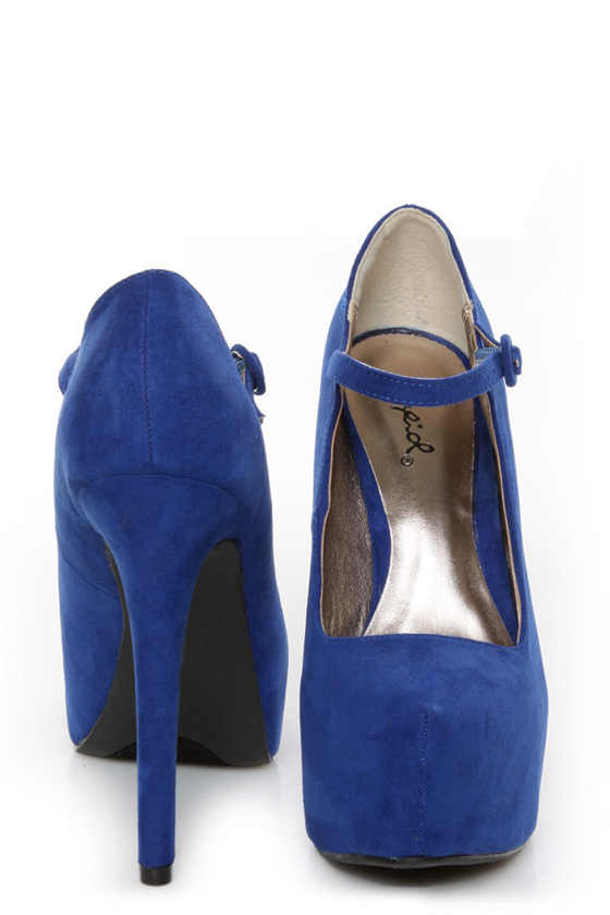 Qupid Marquise 02 Cobalt Blue Suede Platform Pumps