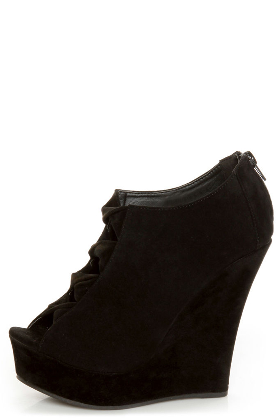Yoki Miriam Black Cutout Peep Toe Shootie Wedges