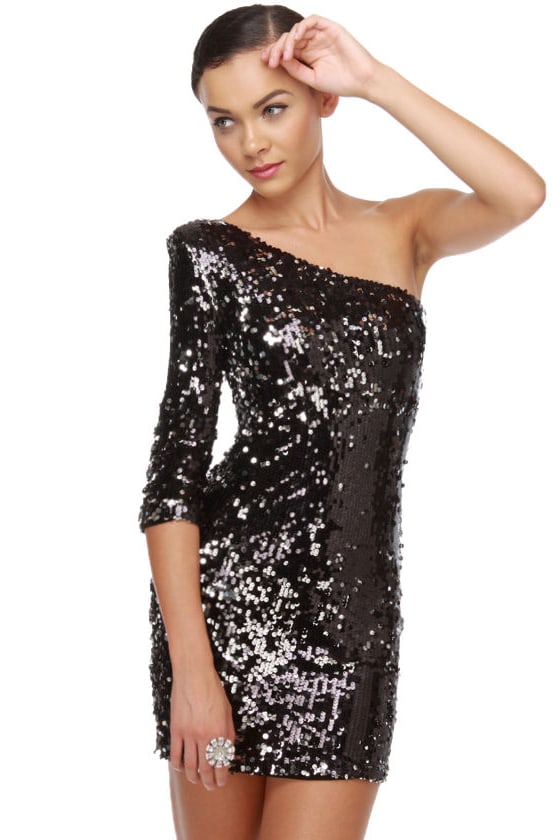 black sequin one shoulder dress