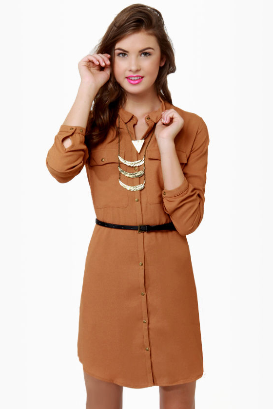 Retro Brown Dress - Belted Dress - Shirt Dress - $55.00 - Lulus